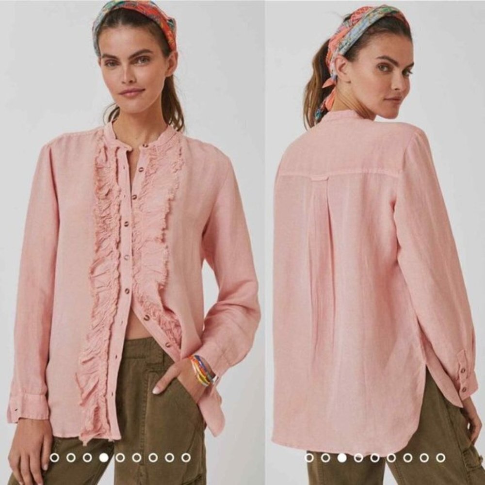 Pilcro Anthropologie Linen Ruffle Blouse M Peach Pink Oversized Button Down